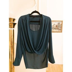 BCBG Jaklyn Drape Front Surplice High Low Blouse. Dark Teal. Sz XXS.